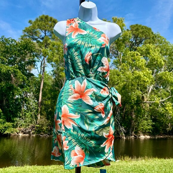 CUPSHE Green & Pink Tropical One-Shoulder Wrap Skirt Mini Dress Slimming NWT M - Picture 1 of 9